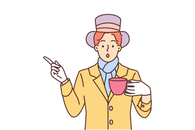 Magicien tenant une tasse et pointant quelque chose vers la gauche  Illustration