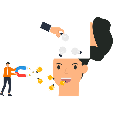 Magnet Attracting Light Bulbs Innovation Brainstorming  Illustration