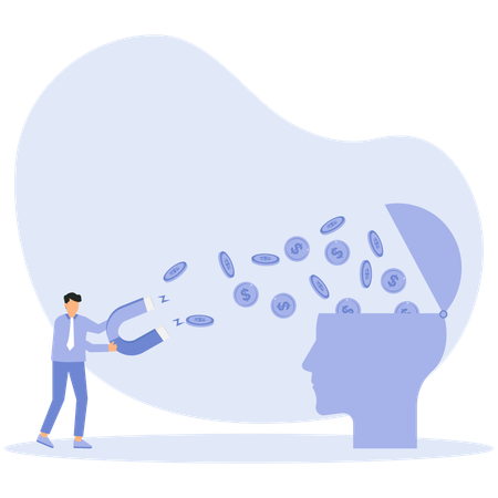 磁石は人間の頭からお金を引き寄せ、金融を儲ける  イラスト