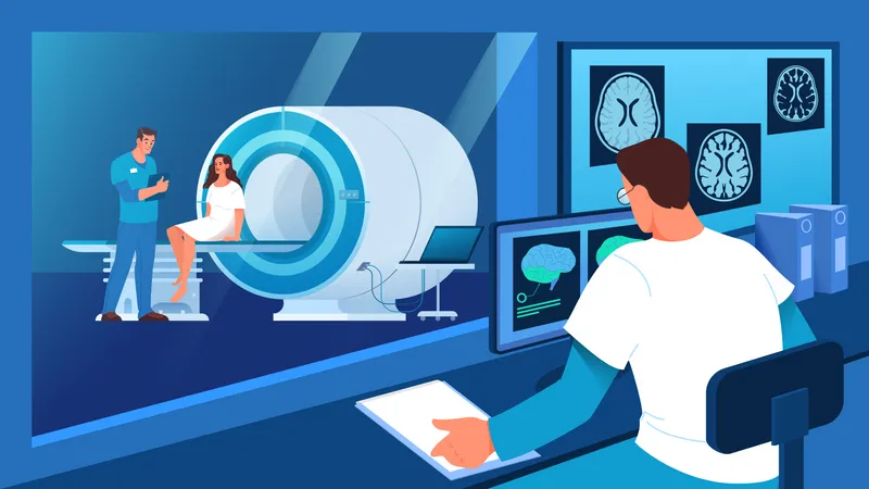 Magnetic Resonance Imaging In Hospital Medical Research And Diagnosis Modern Tomographic Scanner Patient In MRI Isolated Vector Illustration In Cartoon Style 일러스트레이션