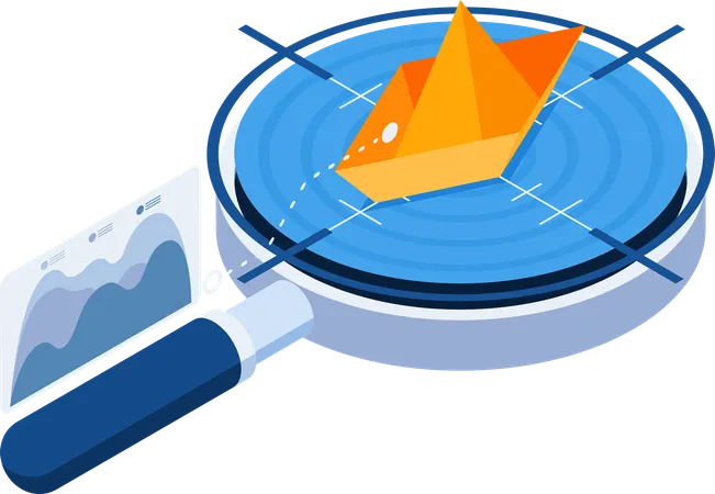 Magnifying Glass Analyze Yellow Boat in Blue Ocean  Illustration