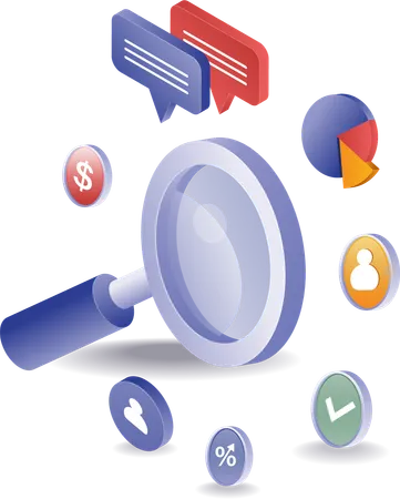 Magnifying glass with symbols about business  Illustration