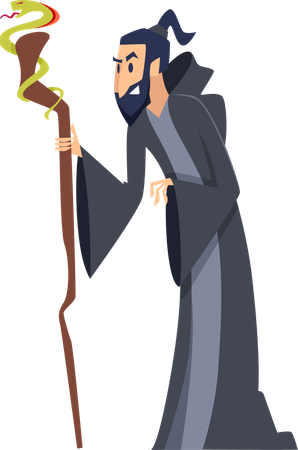 Mago usa túnica larga sosteniendo bastón mágico de madera  Ilustración