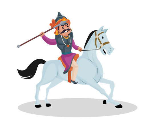 Maharana Pratap lanzando jabalina mientras monta a caballo  Ilustración