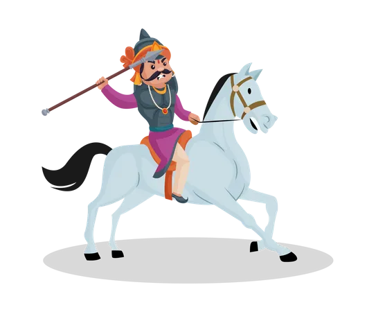 Maharana Pratap lanzando jabalina mientras monta a caballo  Ilustración