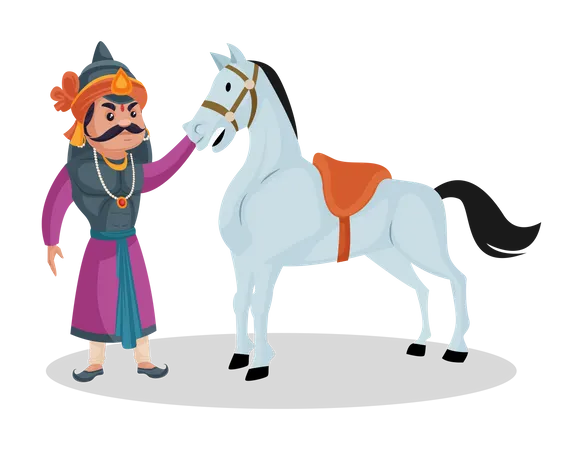 Maharana Pratap mimando seu cavalo chetak  Ilustração