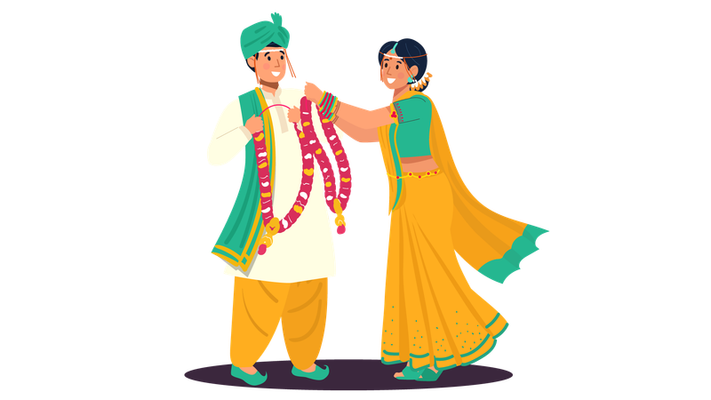 Maharashtrian Hochzeitspaar Braut und Bräutigam legen Girlande Blumen rituelle Zeremonie  Illustration