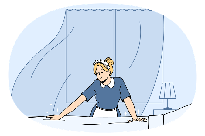 Maid changing bedding cleaning hotel room  Illustration