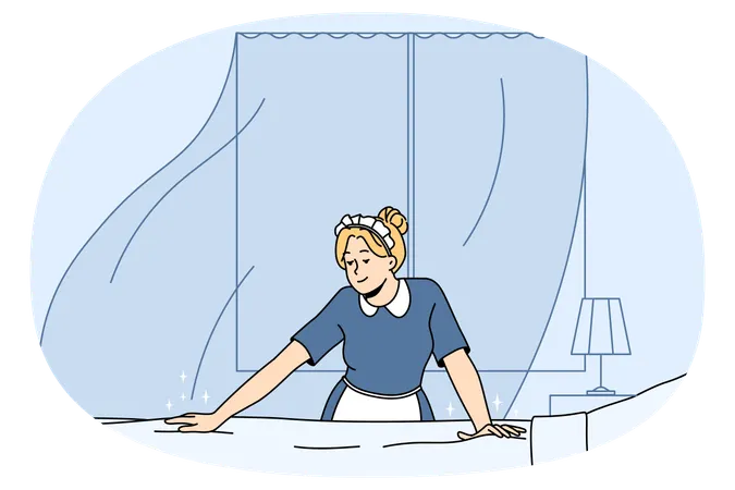 Maid changing bedding cleaning hotel room  Illustration