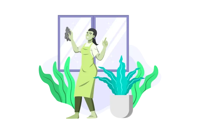 Maid cleaning house window Illustration