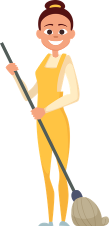 Maid cleaning the floor with a broom  イラスト