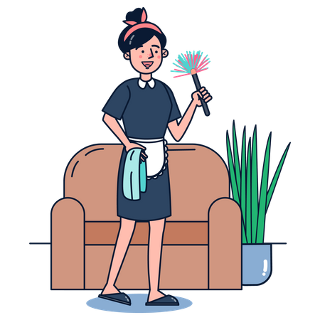 Maid dusting couch using dusting brush  일러스트레이션
