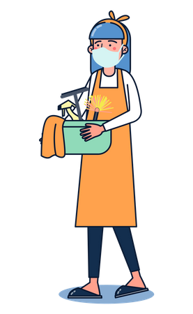 Maid holding basket of cleaning tools  Illustration