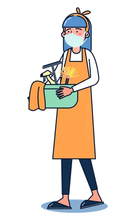 Maid holding basket of cleaning tools  Illustration