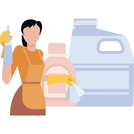 Maid holding shower and cloth  Illustration