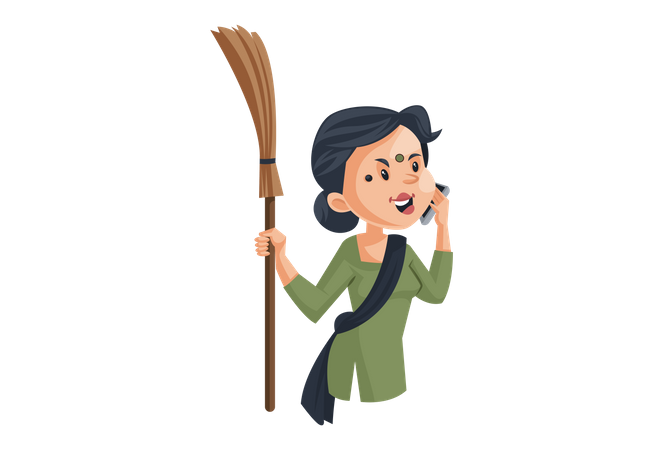 Maid is standing with a broom and talking on the phone  Illustration