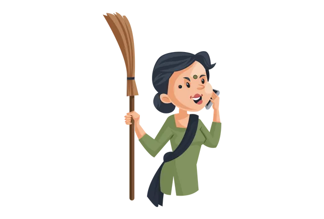 Maid is standing with a broom and talking on the phone  Illustration