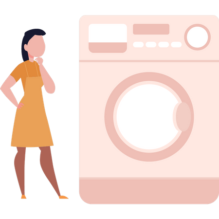 Maid looking at washing machine  Illustration