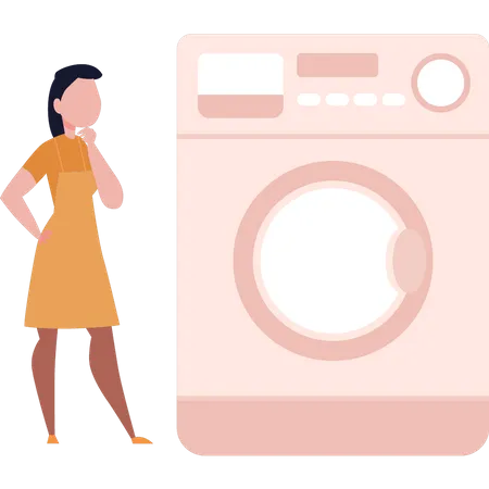 Maid looking at washing machine  Illustration