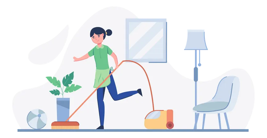 Maid Vacuuming Floor Illustration