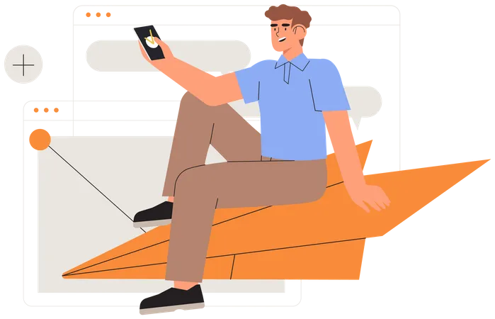 Business Man Or Male Character Sitting And Flying On Paper Plane And Sending Message Concept Of Email Marketing Newsletter News Offers Promotions Subscription Follow Us On Social Media Concept Illustration