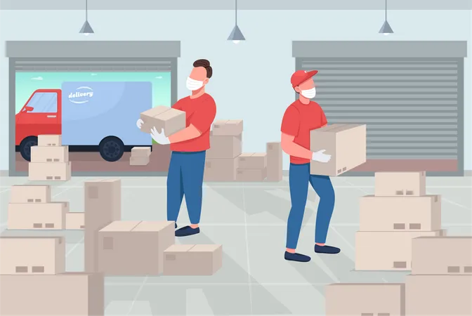 Mail Warehouse Flat Color Vector Illustration Sending Packages During Dangerous Disease Pandemic Right To Home Delivery Company Staff 2 D Cartoon Characters With Lots Of Boxes On Background Illustration