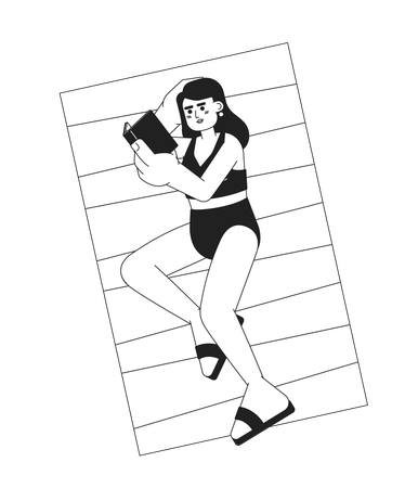 Femme de maillot de bain allongée avec un livre sur la plage  Illustration