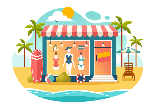 Boutique de maillots de bain sur la plage  Illustration