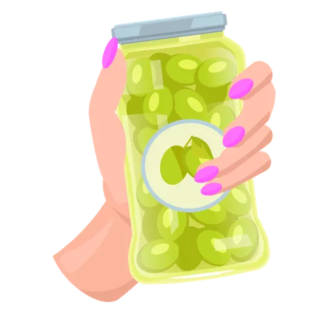 Main avec des olives vertes dans un bocal en verre  Illustration