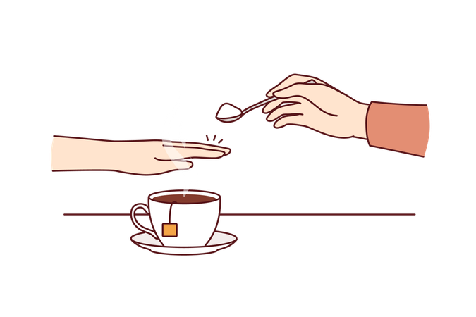 Main d'une personne diabétique refusant le sucre et couvrant le thé avec de la paume pour éviter l'augmentation de l'insuline  Illustration