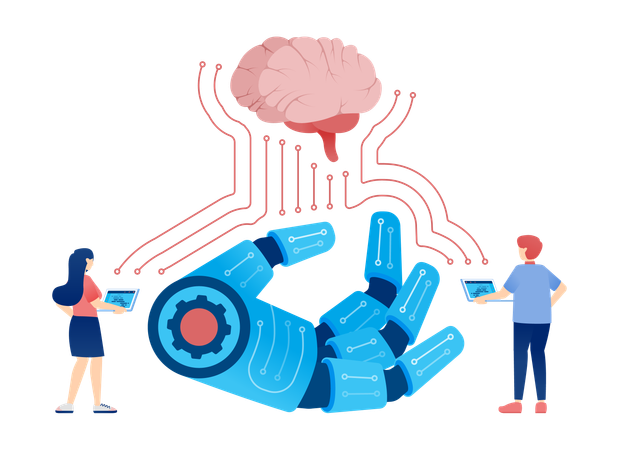 Main de robot connectée au cerveau pour l'intégration des utilisateurs et du réseau technologique  Illustration