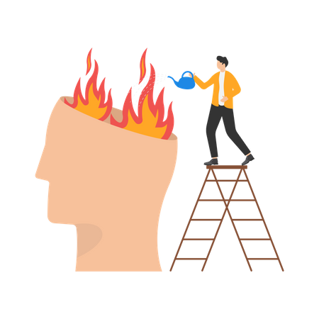 La main humaine avec un arrosoir peut éteindre le feu dans un cerveau en feu  Illustration