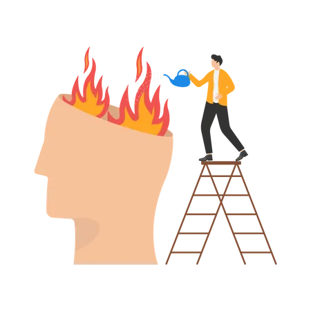 La main humaine avec un arrosoir peut éteindre le feu dans un cerveau en feu  Illustration