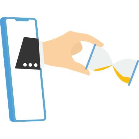 Main humaine depuis un smartphone essayant d'arrêter le sablier avant qu'il ne tombe.  Illustration