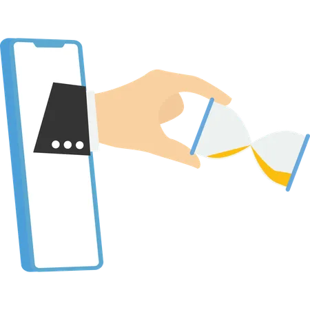 Main humaine depuis un smartphone essayant d'arrêter le sablier avant qu'il ne tombe.  Illustration