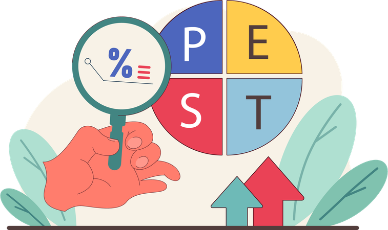 Main tenant une loupe tout en effectuant des recherches sur les PEST  Illustration