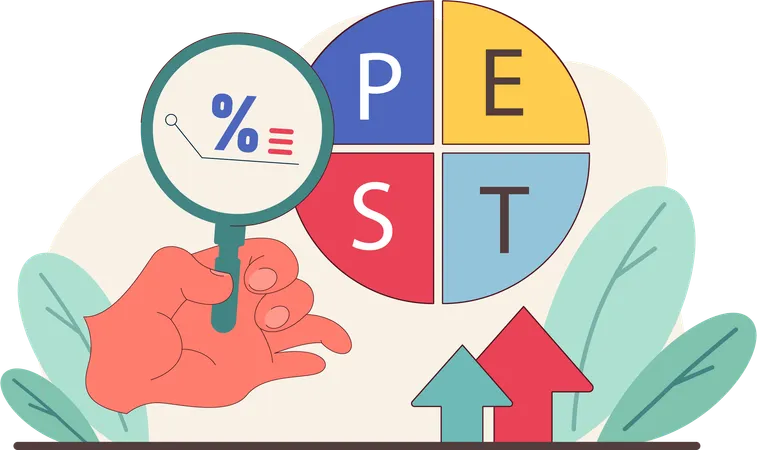 Main tenant une loupe tout en effectuant des recherches sur les PEST  Illustration