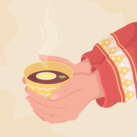Main tenant une tasse de thé chaud au citron  Illustration