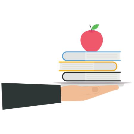 La main tient une pile de livres et une pomme sur un plateau de nourriture  Illustration