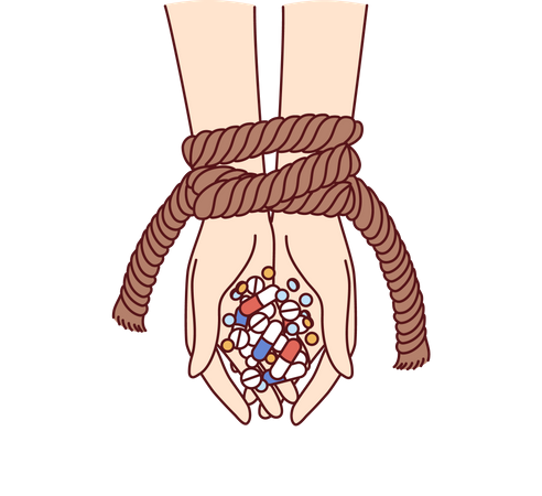 Mains d'une personne connectée avec des antibiotiques et des médicaments psychotropes comme métaphore de la dépendance  Illustration