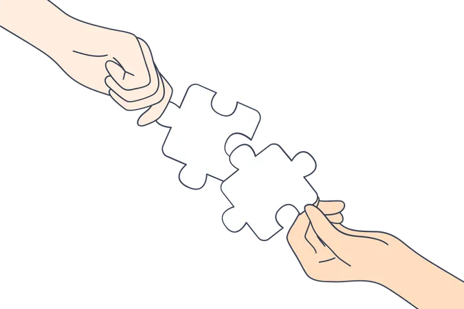 Mains de personnes faisant ensemble une image complète des détails du puzzle  Illustration