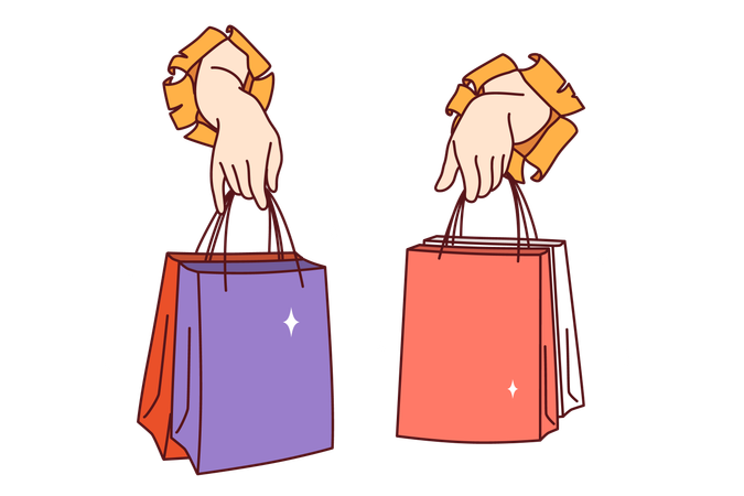 Mains de personnes avec des sacs à provisions  Illustration