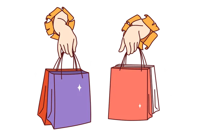 Mains de personnes avec des sacs à provisions  Illustration