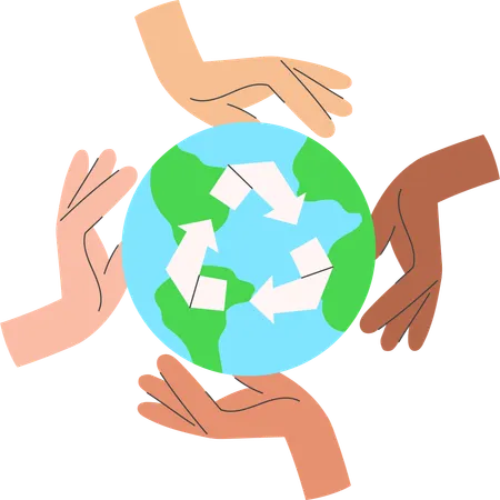 Des mains diverses touchent la Terre avec le recyclage  Illustration