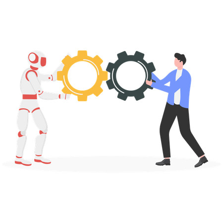 Mains humaines et robotiques reliant les engrenages  Illustration