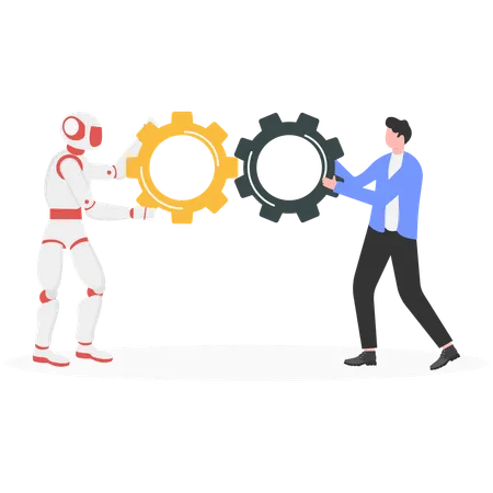 Mains humaines et robotiques reliant les engrenages  Illustration