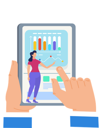Mains touchant l'écran de la tablette avec une femme présentant  Illustration