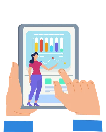 Mains touchant l'écran de la tablette avec une femme présentant  Illustration