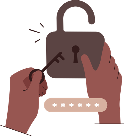 Mains utilisant une clé pour déverrouiller un cadenas  Illustration