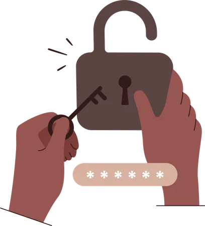 Mains utilisant une clé pour déverrouiller un cadenas  Illustration
